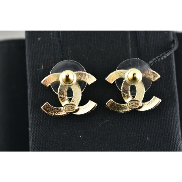 Chanel 21A Gold Pearl White Strass Crystal CC Logo Drop Statement Stud Earrings - Picture 7 of 11